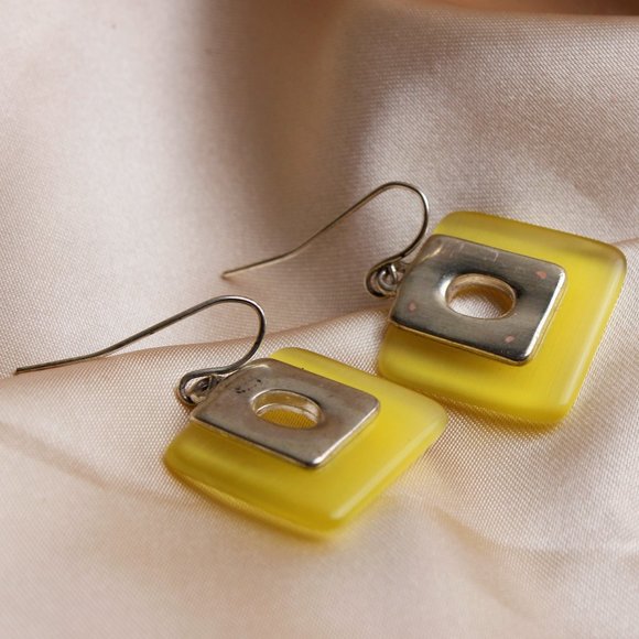 🌹Vintage yellow square silver Fish hook earring - Picture 8 of 8